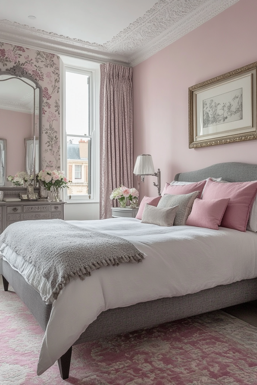 24. Soft Rouge and Iron Grey French Chic (Pink And Grey Bedroom Ideas) - Pink And Grey Bedroom Ideas