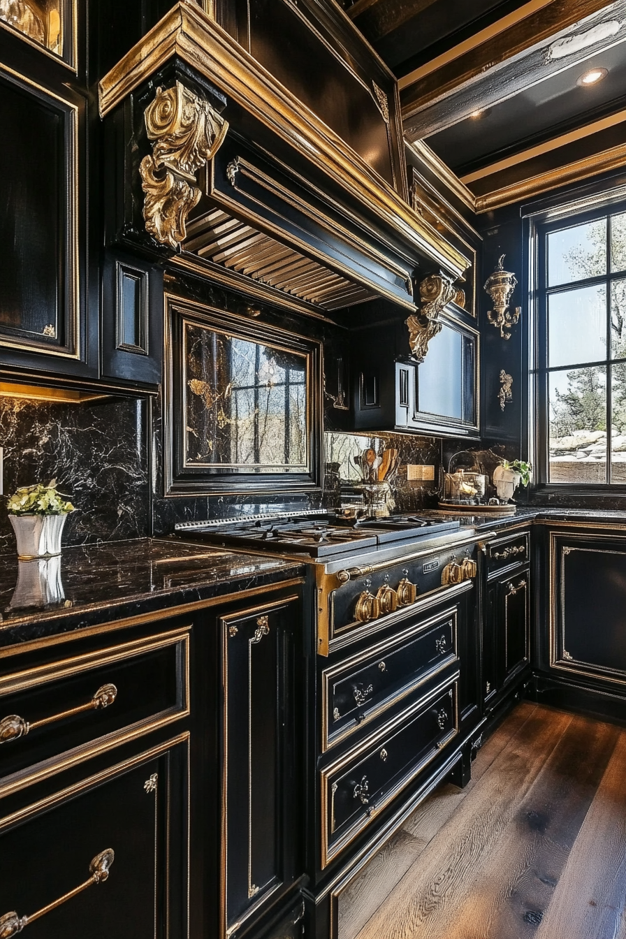 5.  Black and Brass Elegance (Black Kitchen Cabinets Ideas) - Black Kitchen Cabinets Ideas