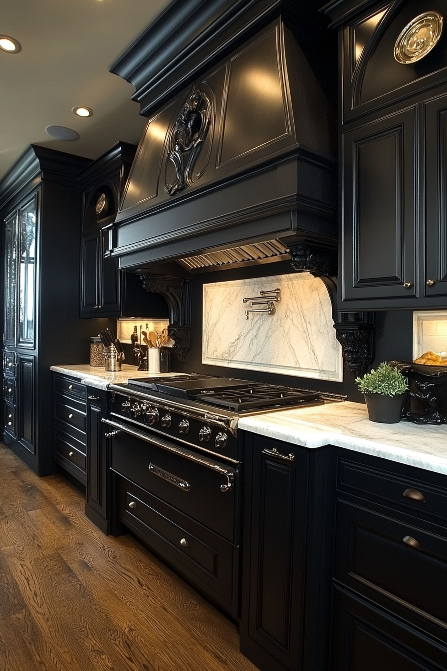 8. Soft Black and Marble (Black Kitchen Cabinets Ideas) - Black Kitchen Cabinets Ideas