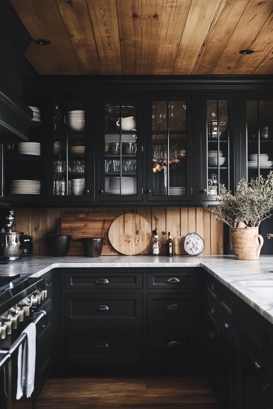 9.  Glass Front Cabinets (Black Kitchen Cabinets Ideas) - Black Kitchen Cabinets Ideas