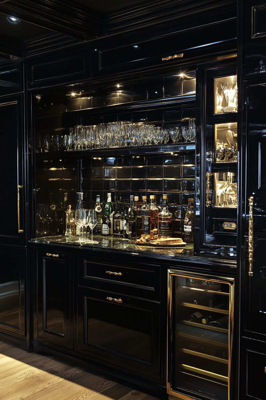 11.  Black with Gold Accents (Black Kitchen Cabinets Ideas) - Black Kitchen Cabinets Ideas