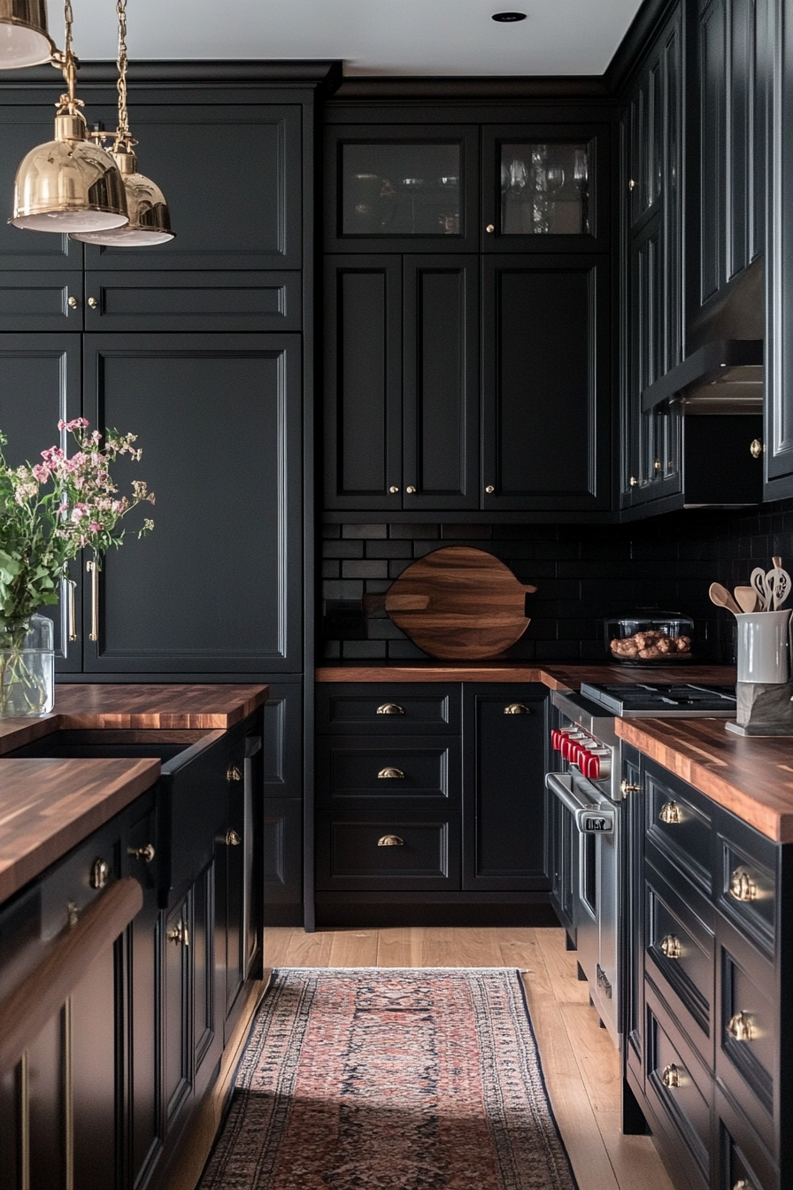 15.  Black and Walnut Harmony (Black Kitchen Cabinets Ideas) - Black Kitchen Cabinets Ideas