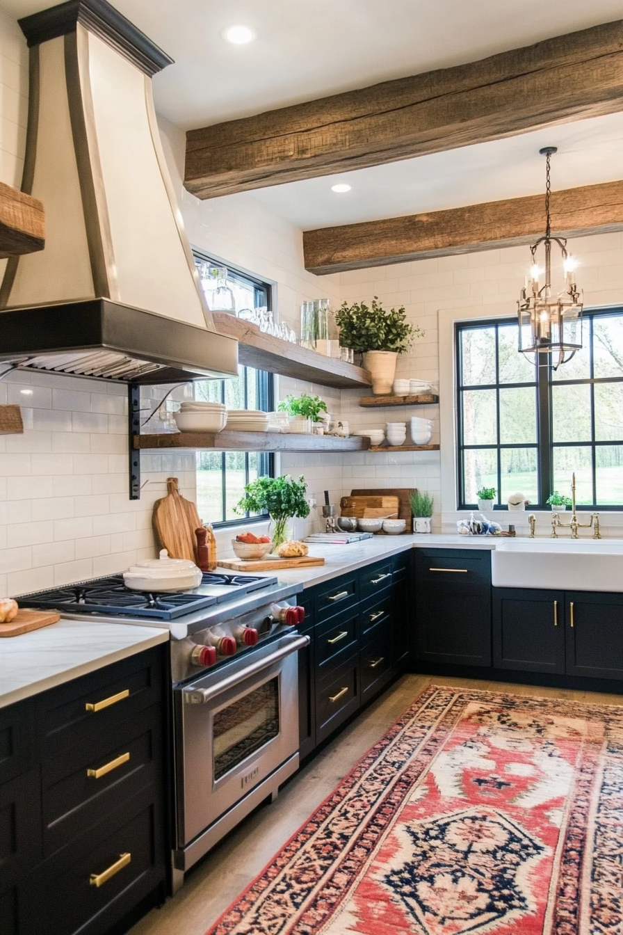 16.  Open-Shelving Combo (Black Kitchen Cabinets Ideas) - Black Kitchen Cabinets Ideas