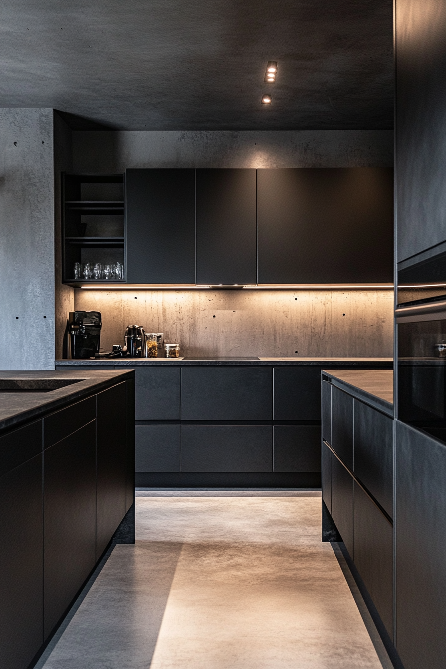 18.  Black and Concrete (Black Kitchen Cabinets Ideas) - Black Kitchen Cabinets Ideas