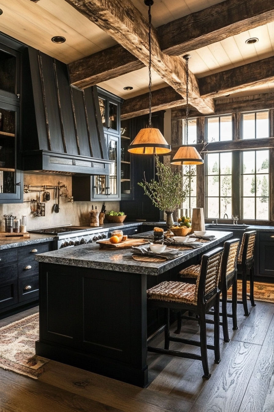 22.  Rustic Black and Stone (Black Kitchen Cabinets Ideas) - Black Kitchen Cabinets Ideas