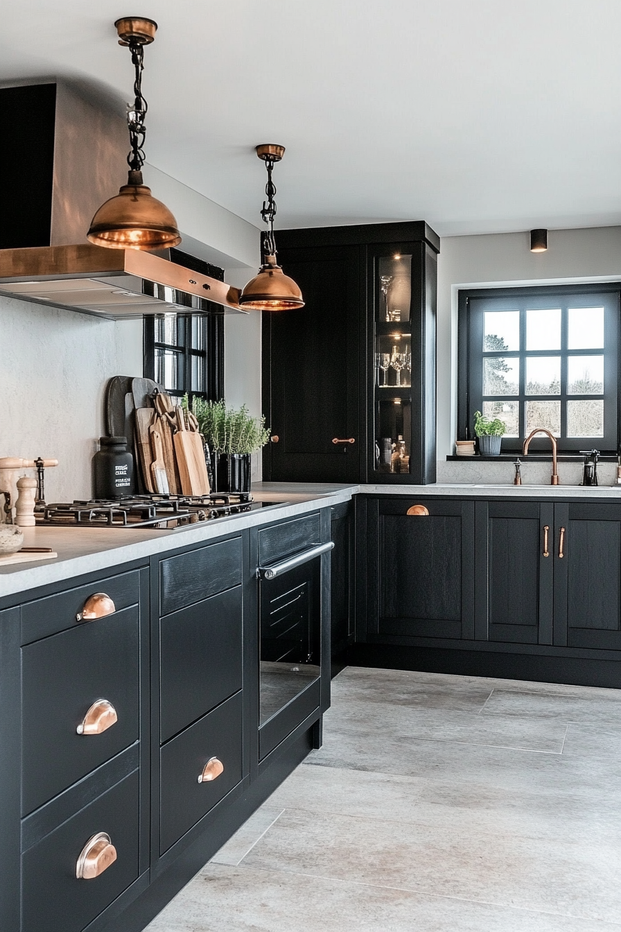 27.  Black with Copper Touches (Black Kitchen Cabinets Ideas) - Black Kitchen Cabinets Ideas