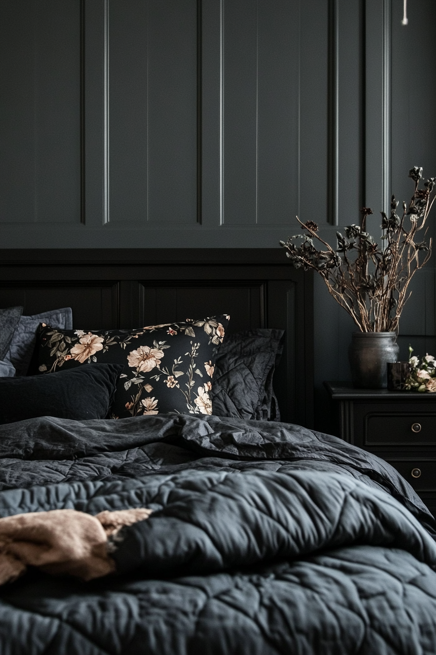 25. Cottage Core Noir (Black And Gray Bedroom Ideas) - Black And Gray Bedroom Ideas