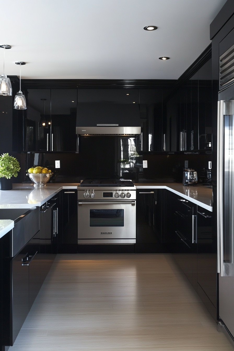 2. High-Gloss Modern Chic (Black Cabinets Kitchen Ideas) - Black Cabinets Kitchen Ideas