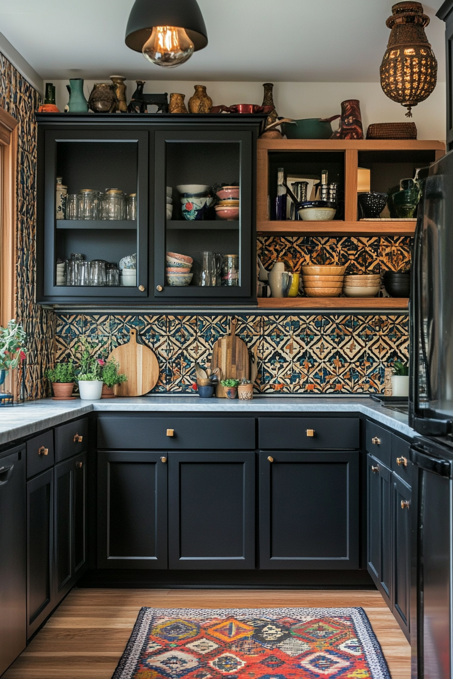 11. Bohemian Noir (Black Cabinets Kitchen Ideas) - Black Cabinets Kitchen Ideas
