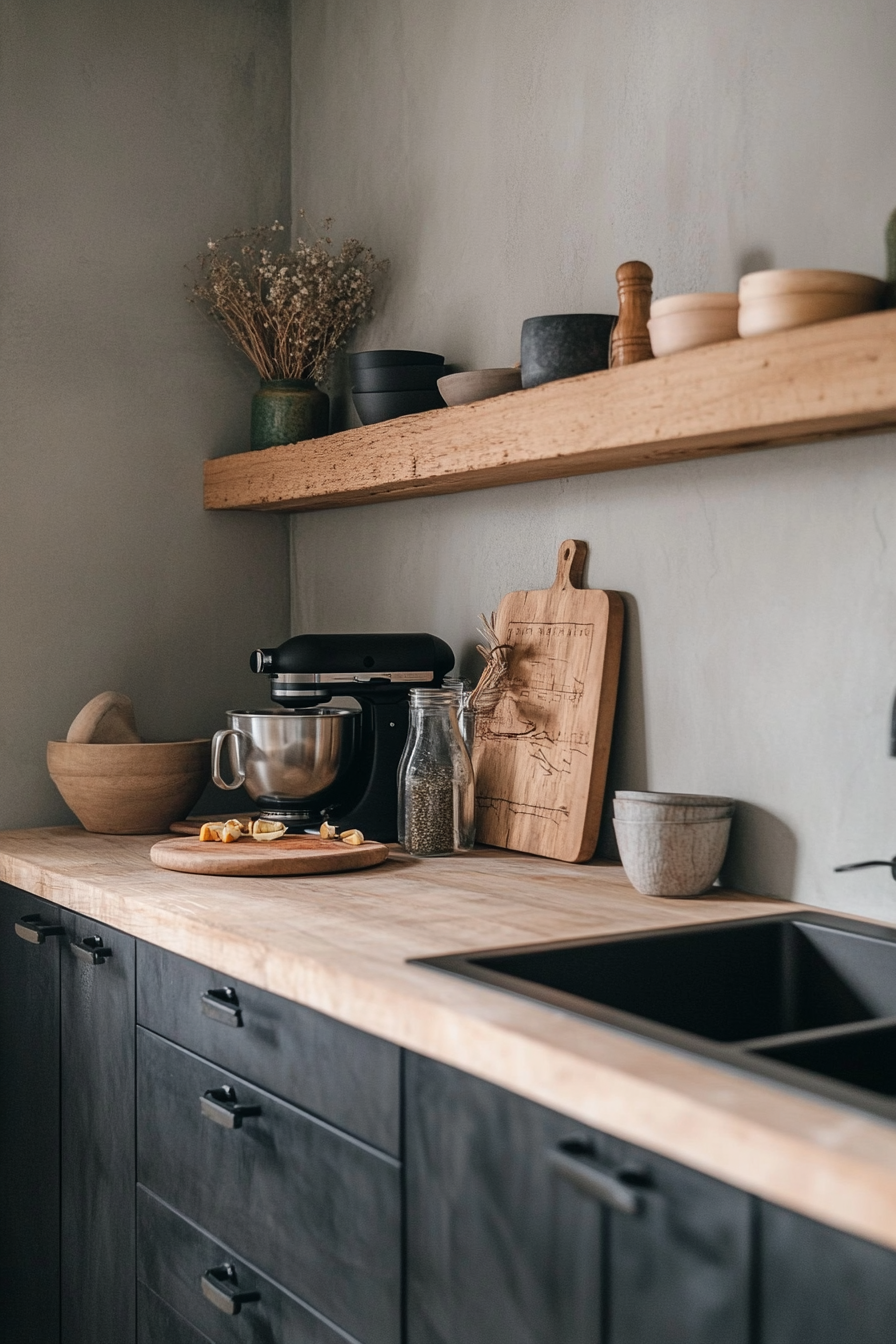 17. Japandi Midnight (Black Cabinets Kitchen Ideas) - Black Cabinets Kitchen Ideas