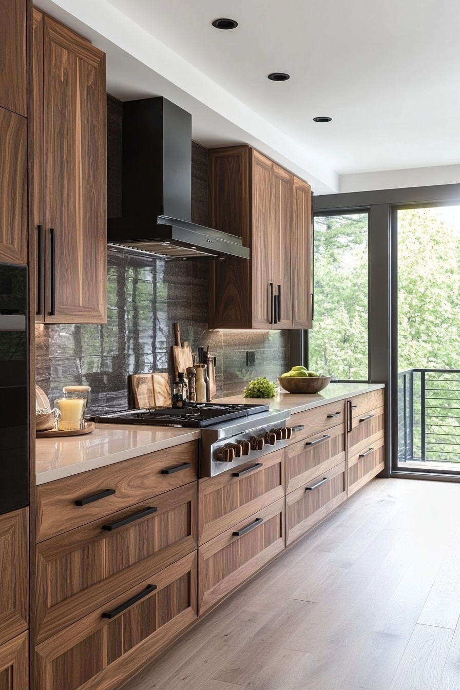 1. Modern Walnut Elegance (Brown Kitchen Cabinets Ideas) - Brown Kitchen Cabinets Ideas