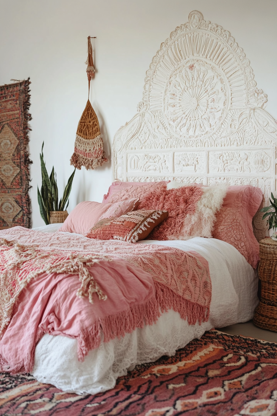 16. Eclectic Boho Style (Pink And White Bedroom Ideas) - Pink And White Bedroom Ideas