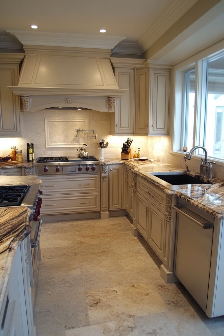 2. Warm Taupe & Marble Fusion (Beige Kitchen Ideas) - Beige Kitchen Ideas