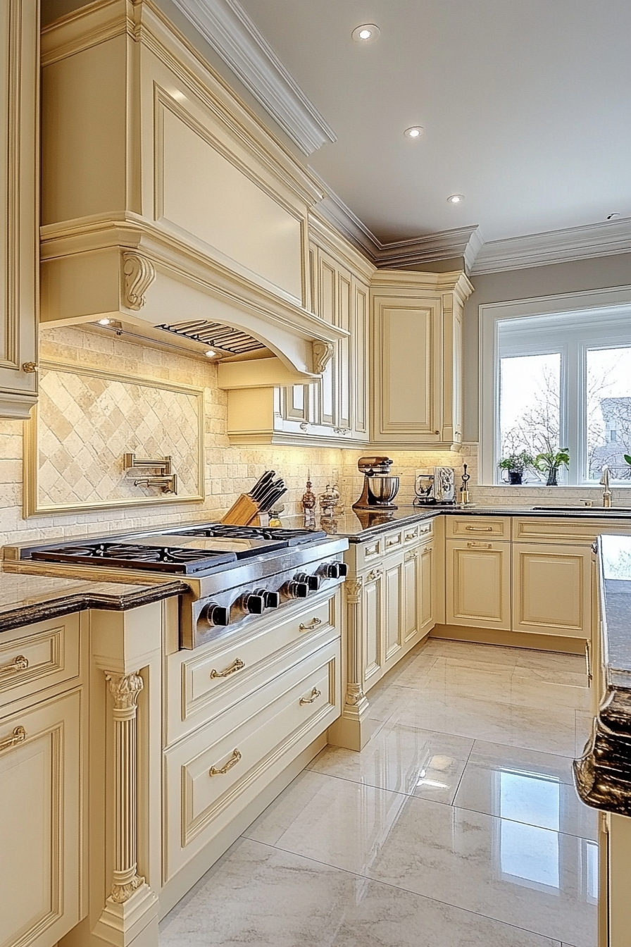 7. Contemporary Cream with Gold Accents (Cream Kitchen Ideas) - Cream Kitchen Ideas