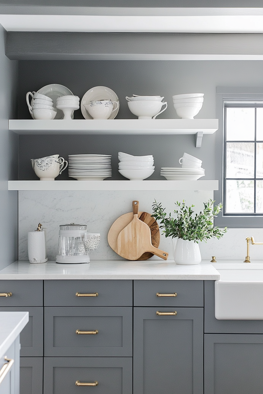 10. Open Shelving Display (Grey And White Kitchen Ideas) - Grey And White Kitchen Ideas