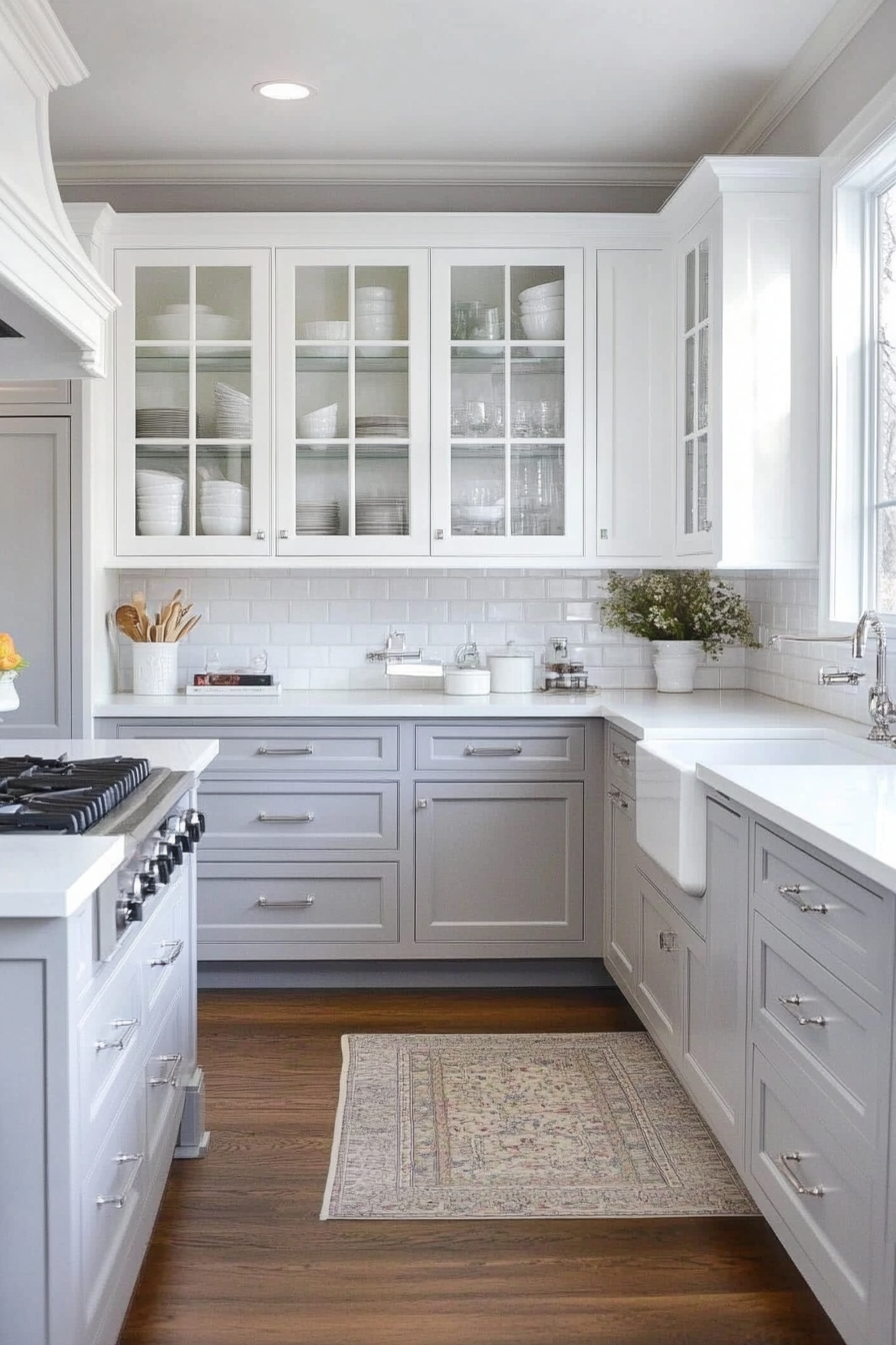 18. Glass Front Cabinets (Grey And White Kitchen Ideas) - Grey And White Kitchen Ideas