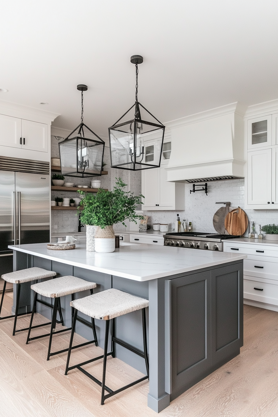 26. Greenery Accents (Grey And White Kitchen Ideas) - Grey And White Kitchen Ideas