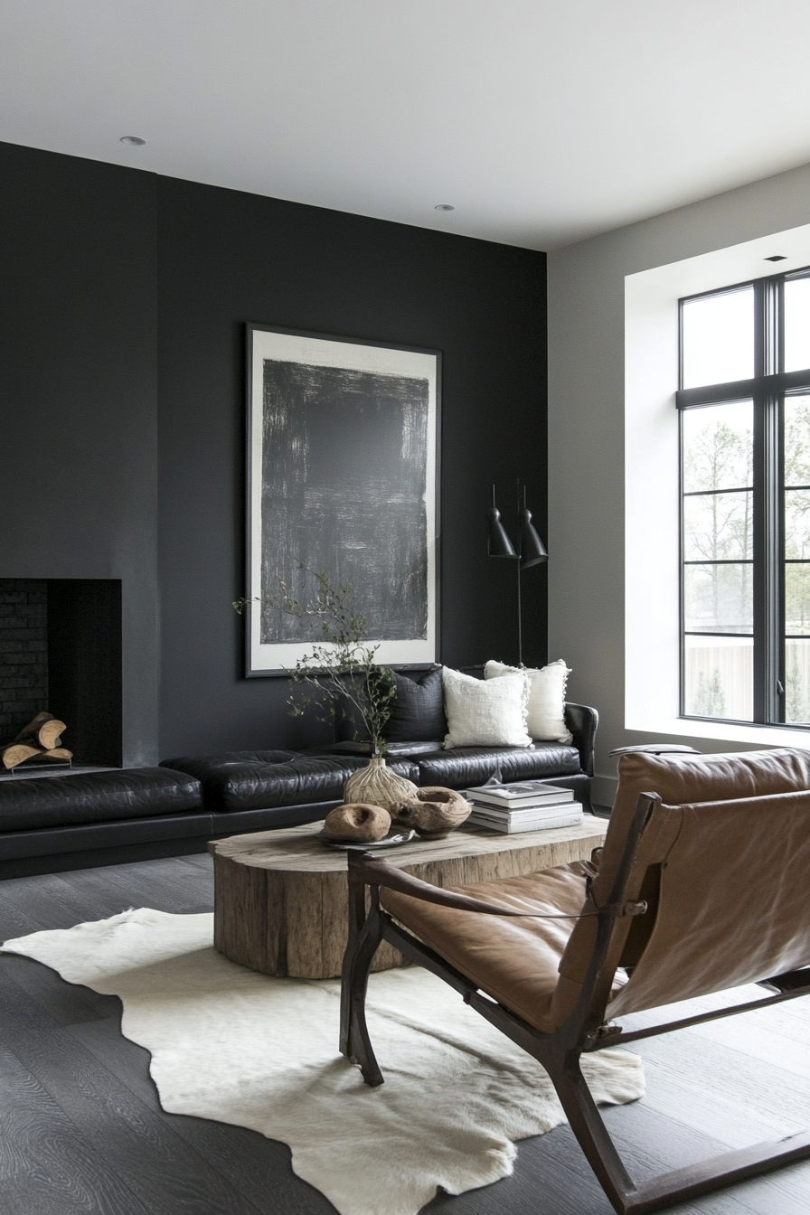 7. Rich Charcoal and Leather (Minimalist Living Room Ideas) - Minimalist Living Room Ideas