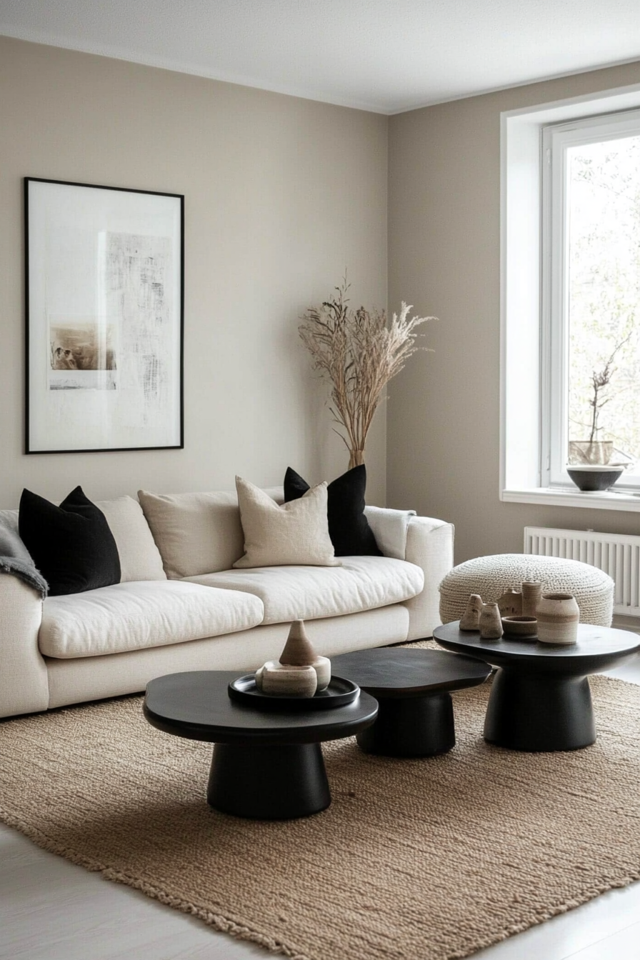 8. Neutral Beige with Black Accents (Minimalist Living Room Ideas) - Minimalist Living Room Ideas