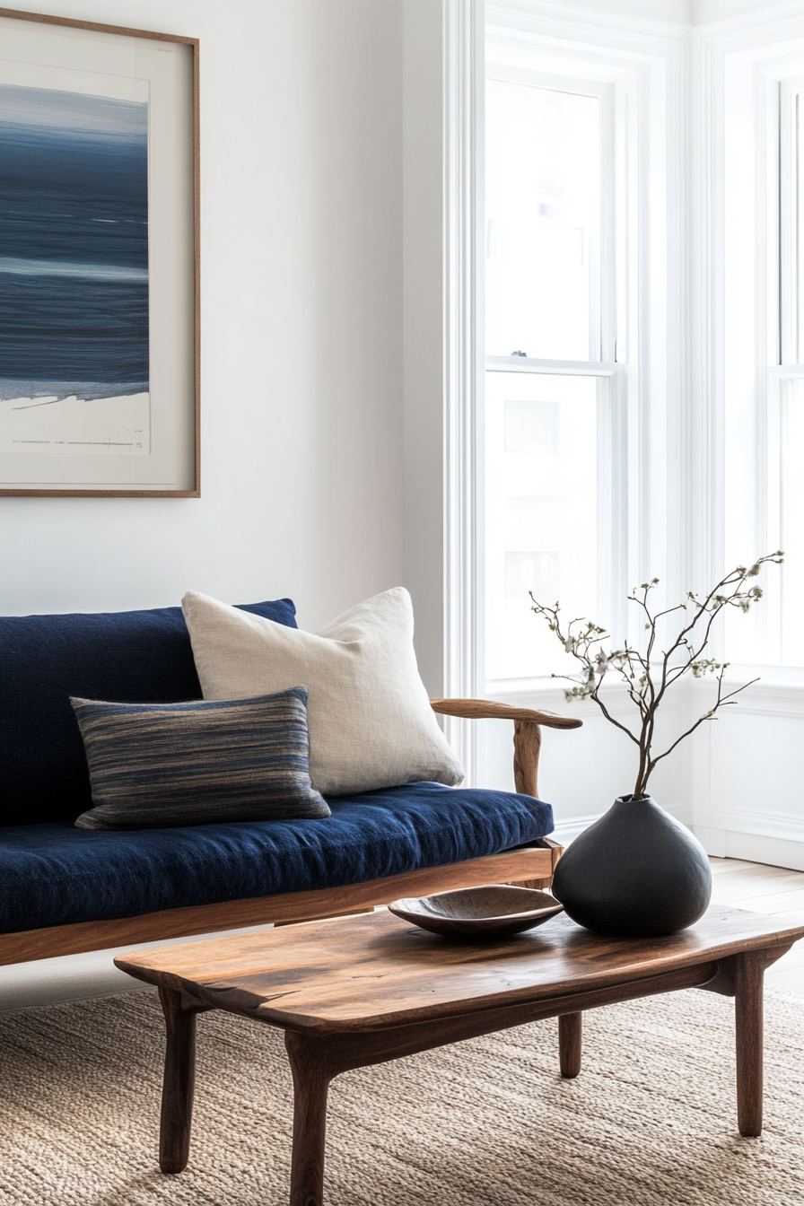 11. Classic Navy with Natural Elements (Minimalist Living Room Ideas) - Minimalist Living Room Ideas