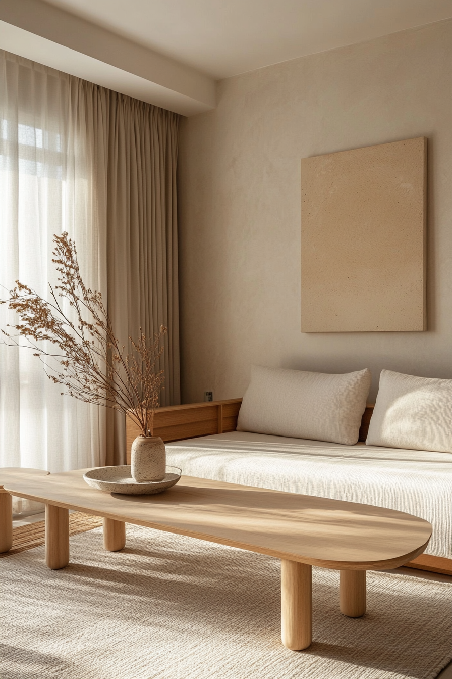 13. Warm Sand and Light Wood (Minimalist Living Room Ideas) - Minimalist Living Room Ideas