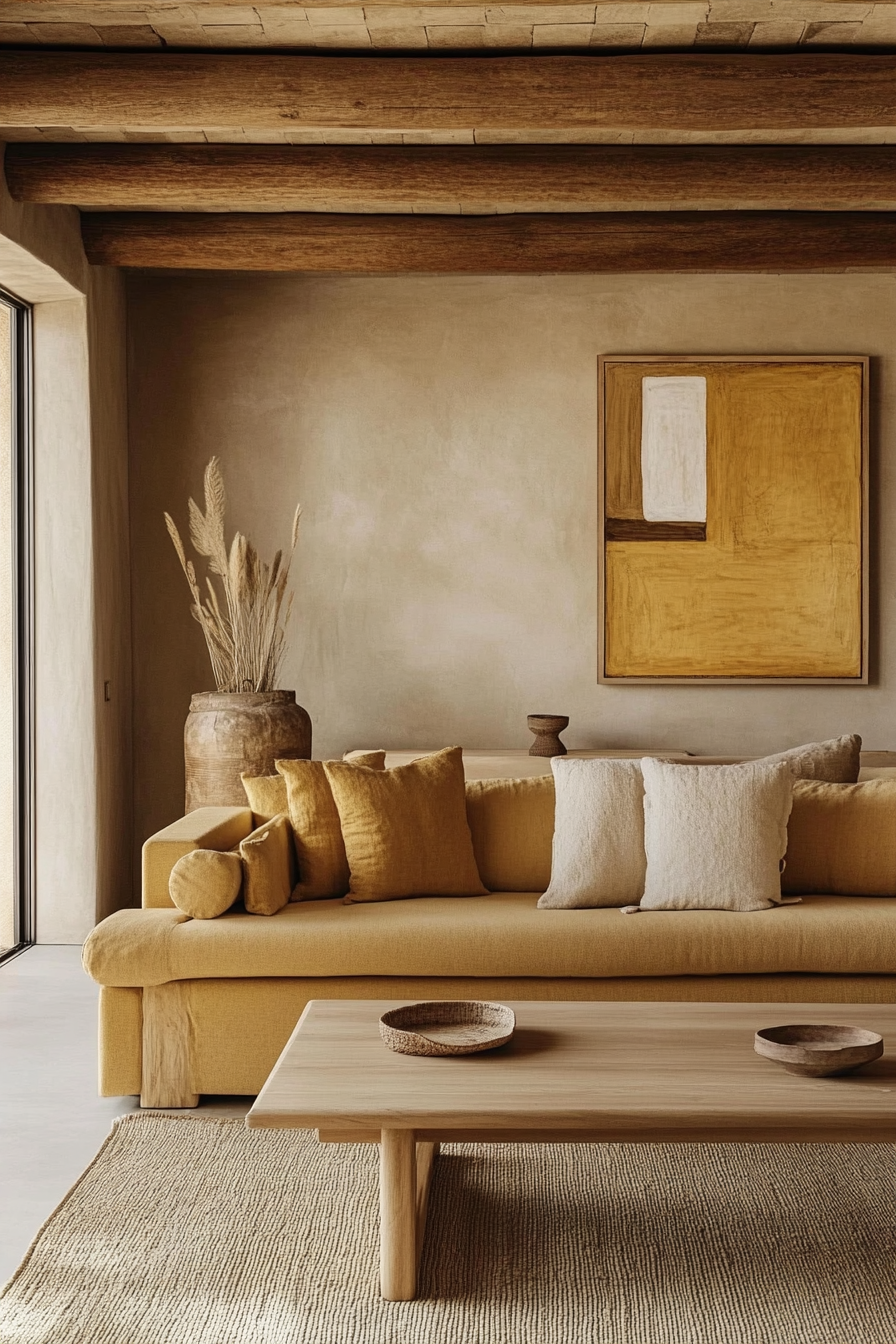24. Muted Mustard with Wood Elements (Minimalist Living Room Ideas) - Minimalist Living Room Ideas