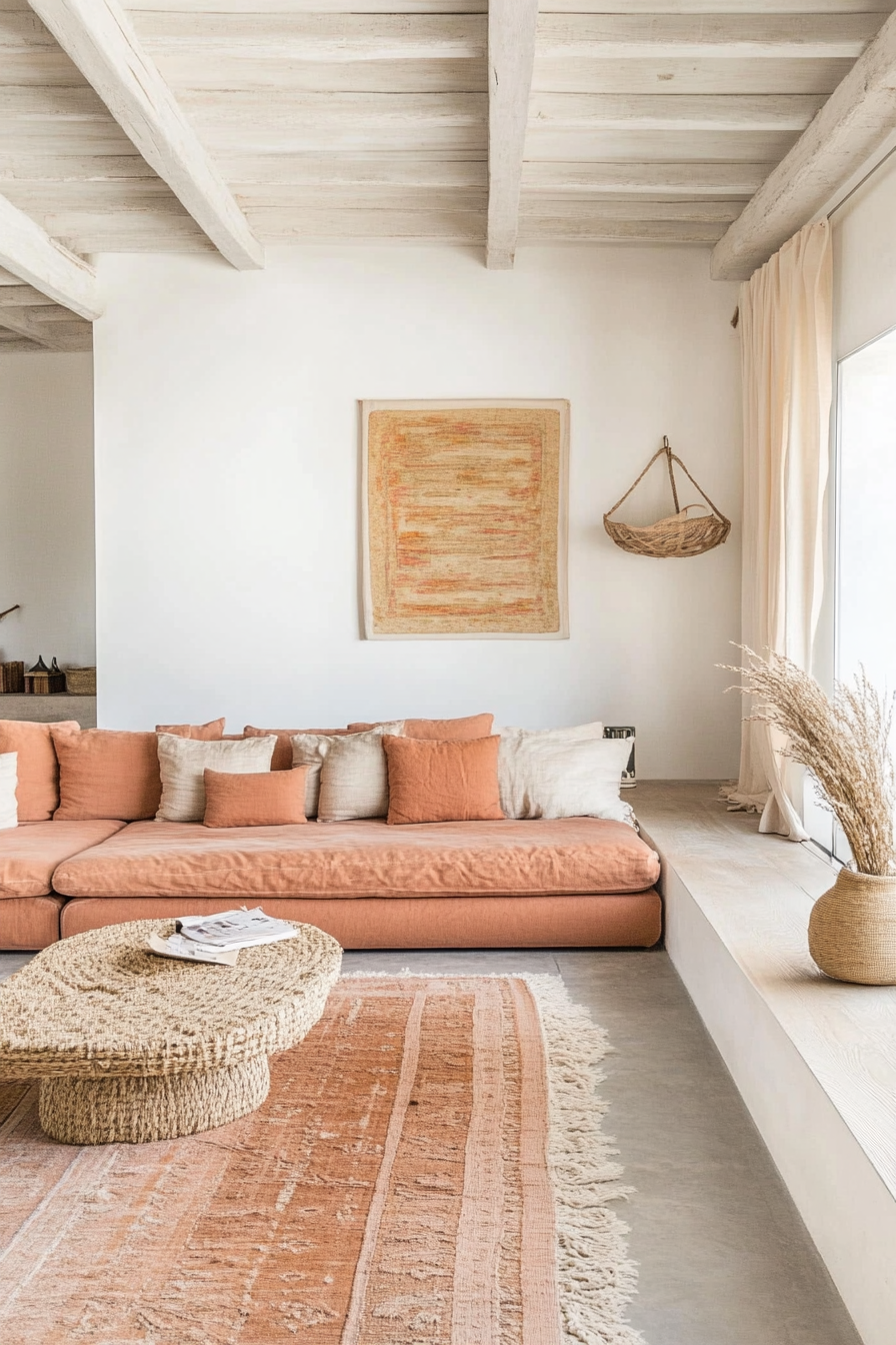 26. Soft Coral with Warm Neutrals (Minimalist Living Room Ideas) - Minimalist Living Room Ideas