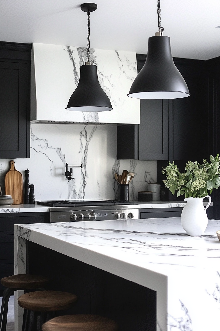 17. Black and White with Marble (White And Black Kitchen Ideas) - White And Black Kitchen Ideas