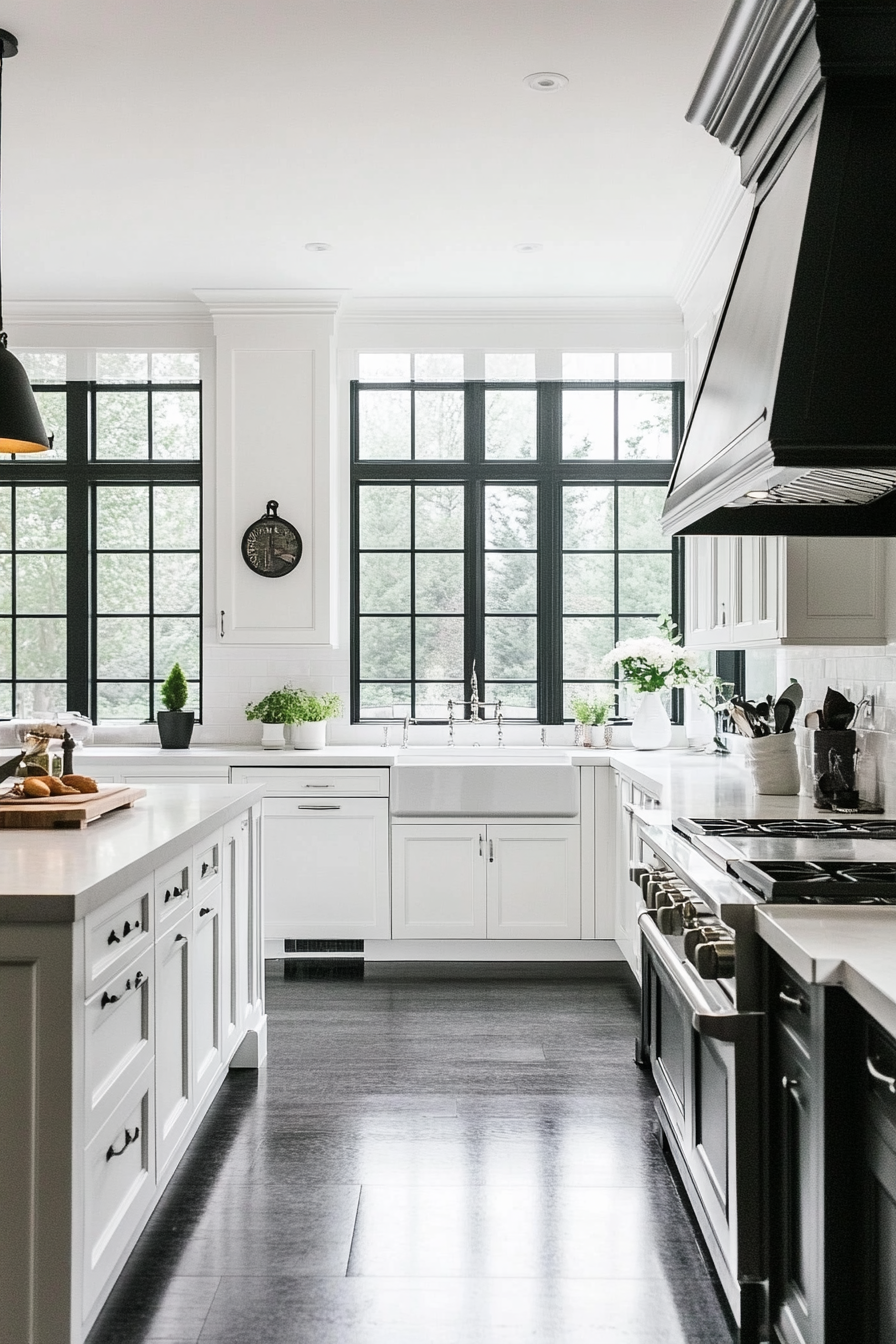 18. Bold Black Flooring (White And Black Kitchen Ideas) - White And Black Kitchen Ideas
