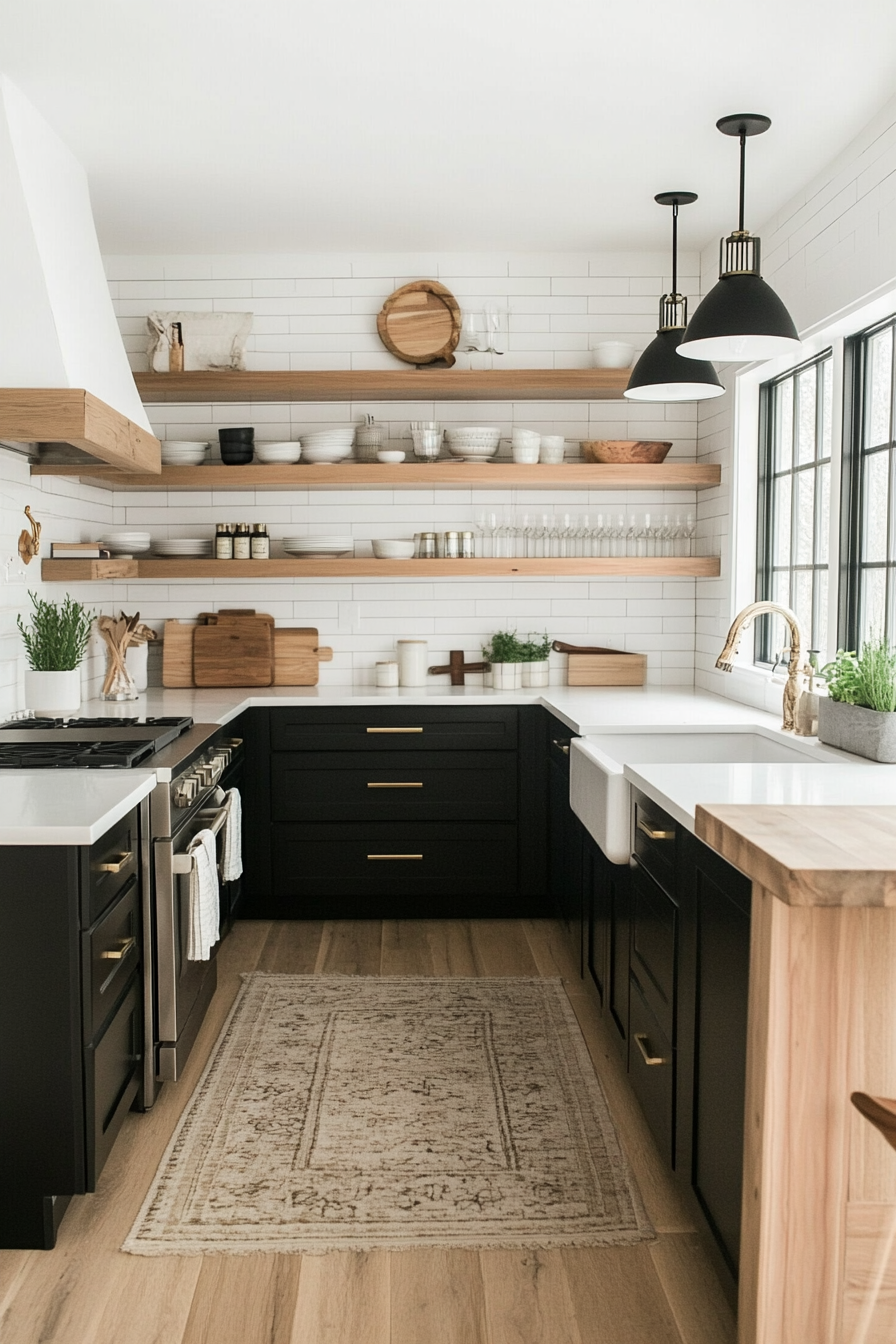 21. Black and White with Natural Wood (White And Black Kitchen Ideas) - White And Black Kitchen Ideas