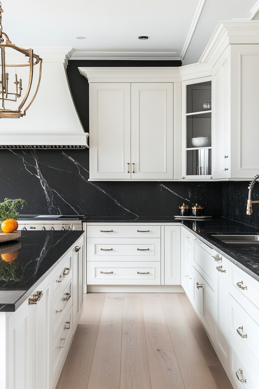 27. White Cabinetry with Black Marble (White And Black Kitchen Ideas) - White And Black Kitchen Ideas