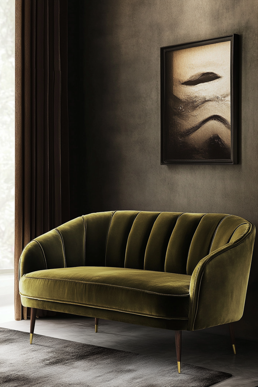 2. Mid-Century Modern Settee in Olive Green (Sofa In Bedroom Ideas) - Sofa In Bedroom Ideas