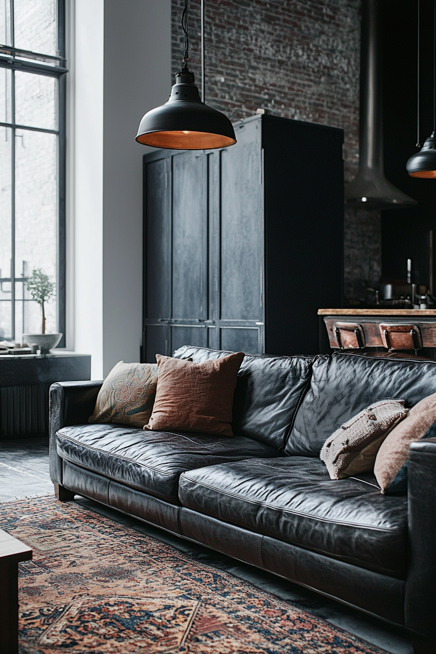 6. Industrial Leather Sofa in Charcoal Black (Sofa In Bedroom Ideas) - Sofa In Bedroom Ideas