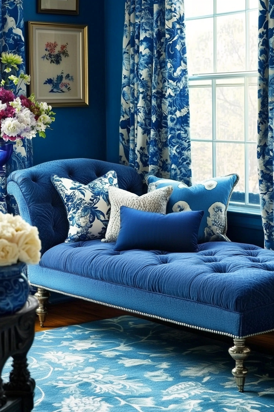 18. Luxurious Chaise in Sapphire Blue (Sofa In Bedroom Ideas) - Sofa In Bedroom Ideas