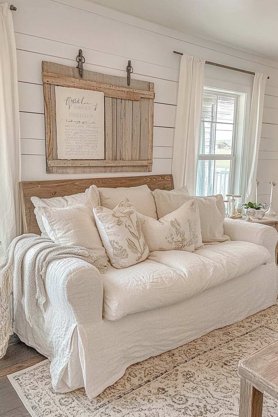 20. Farmhouse Slipcovered Loveseat in Soft Beige (Sofa In Bedroom Ideas) - Sofa In Bedroom Ideas