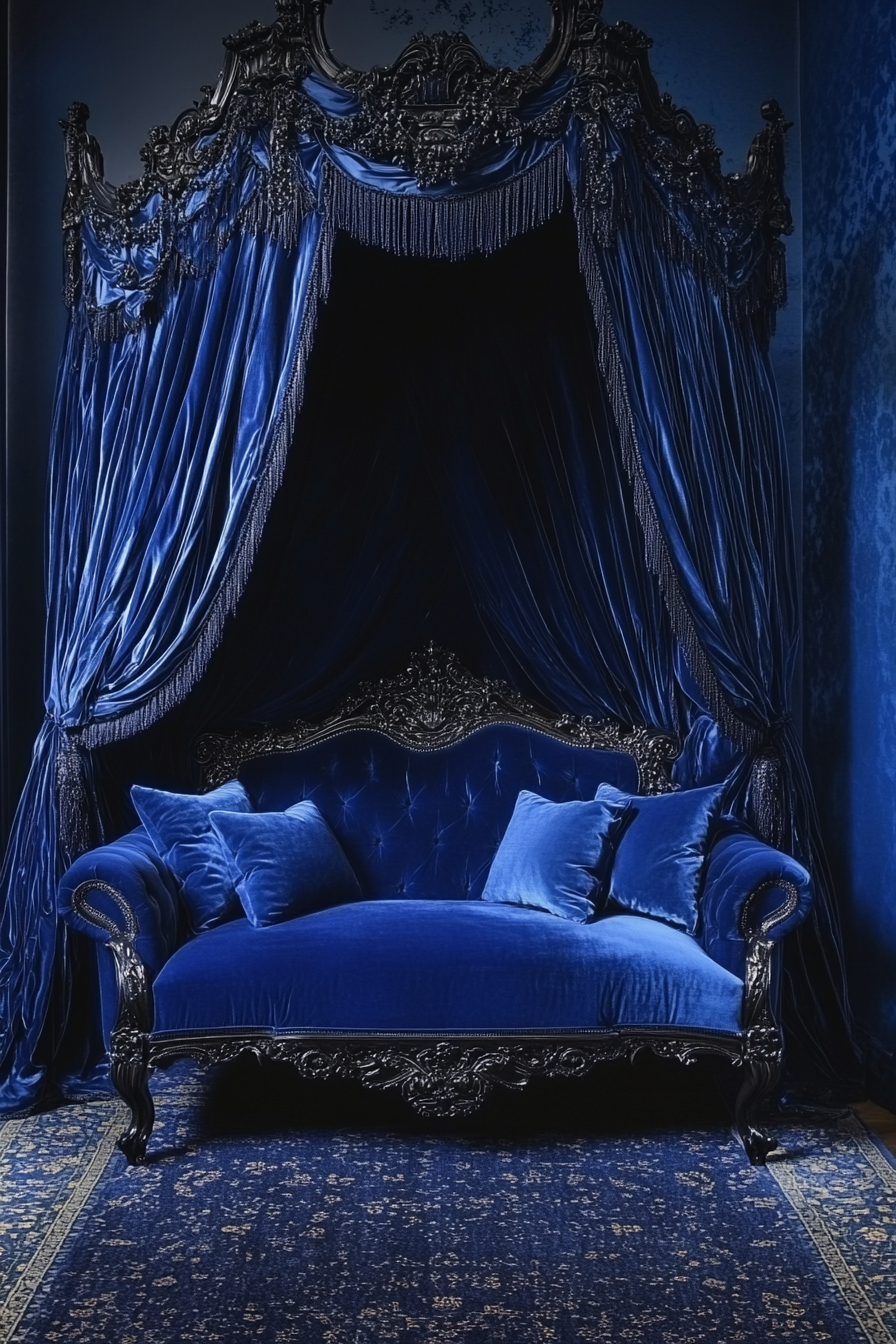 21. Gothic-Inspired Velvet Sofa in Midnight Blue (Sofa In Bedroom Ideas) - Sofa In Bedroom Ideas