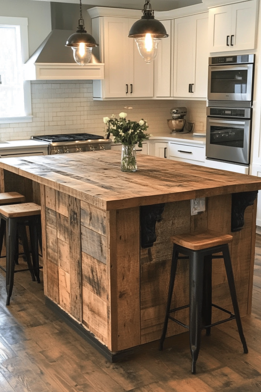1. Reclaimed Wood Island with Iron Accents (Farmhouse Kitchen Island Ideas) - Farmhouse Kitchen Island Ideas