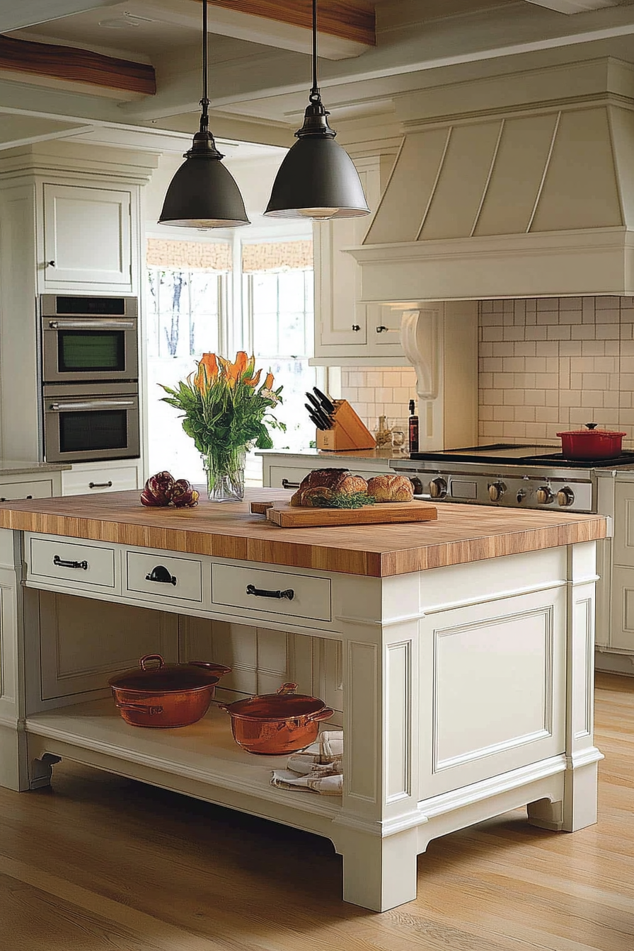 2. White Shaker-Style Island with Butcher Block Top (Farmhouse Kitchen Island Ideas) - Farmhouse Kitchen Island Ideas