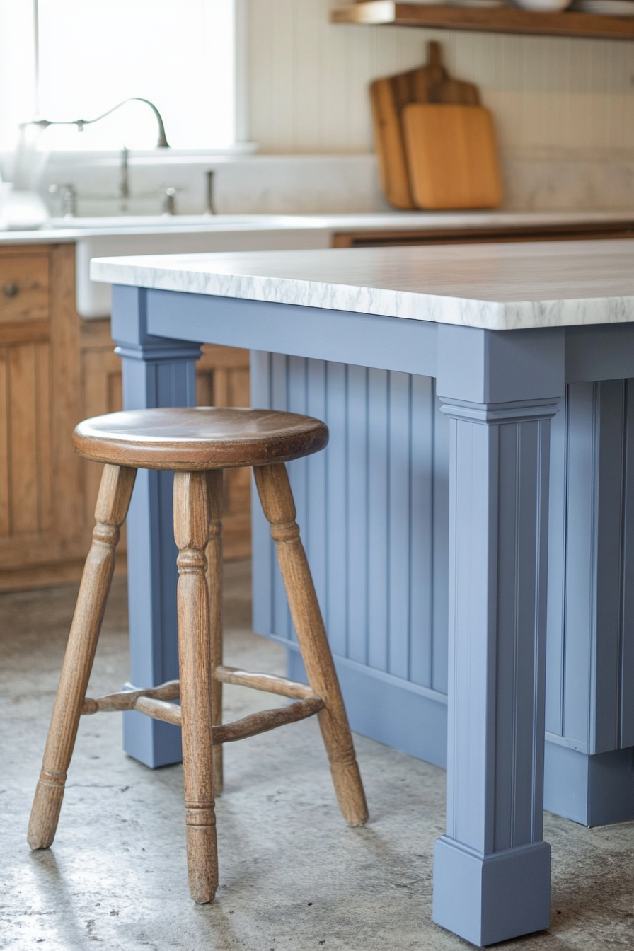 3. Soft Blue Beadboard Island with Marble Countertop (Farmhouse Kitchen Island Ideas) - Farmhouse Kitchen Island Ideas