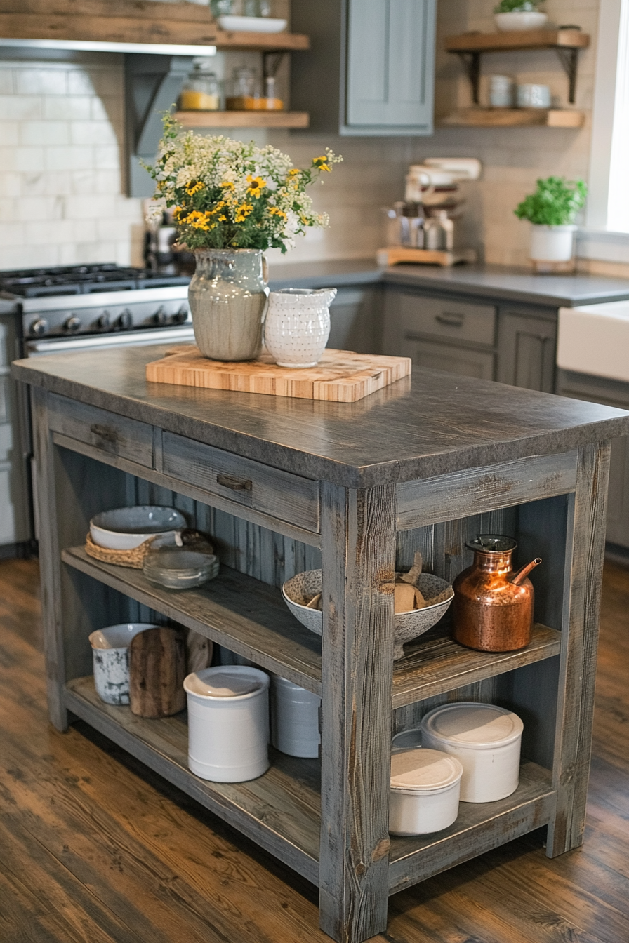 4. Distressed Gray Island with Open Shelving (Farmhouse Kitchen Island Ideas) - Farmhouse Kitchen Island Ideas
