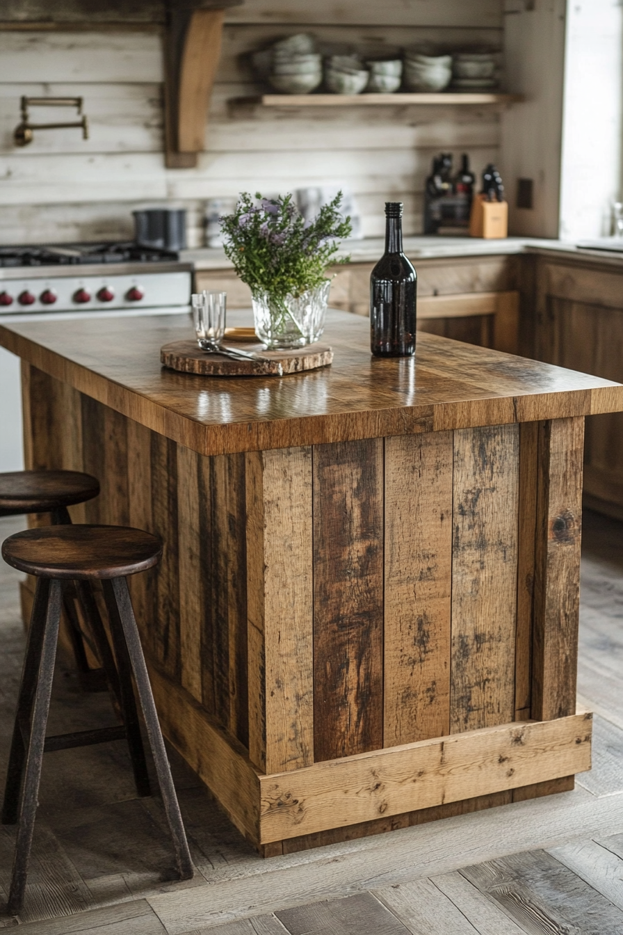 5. Natural Wood Island with Granite Top (Farmhouse Kitchen Island Ideas) - Farmhouse Kitchen Island Ideas