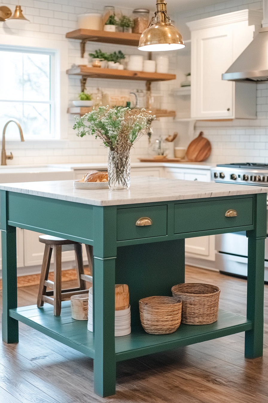 6. Antique Green Island with Brass Hardware (Farmhouse Kitchen Island Ideas) - Farmhouse Kitchen Island Ideas