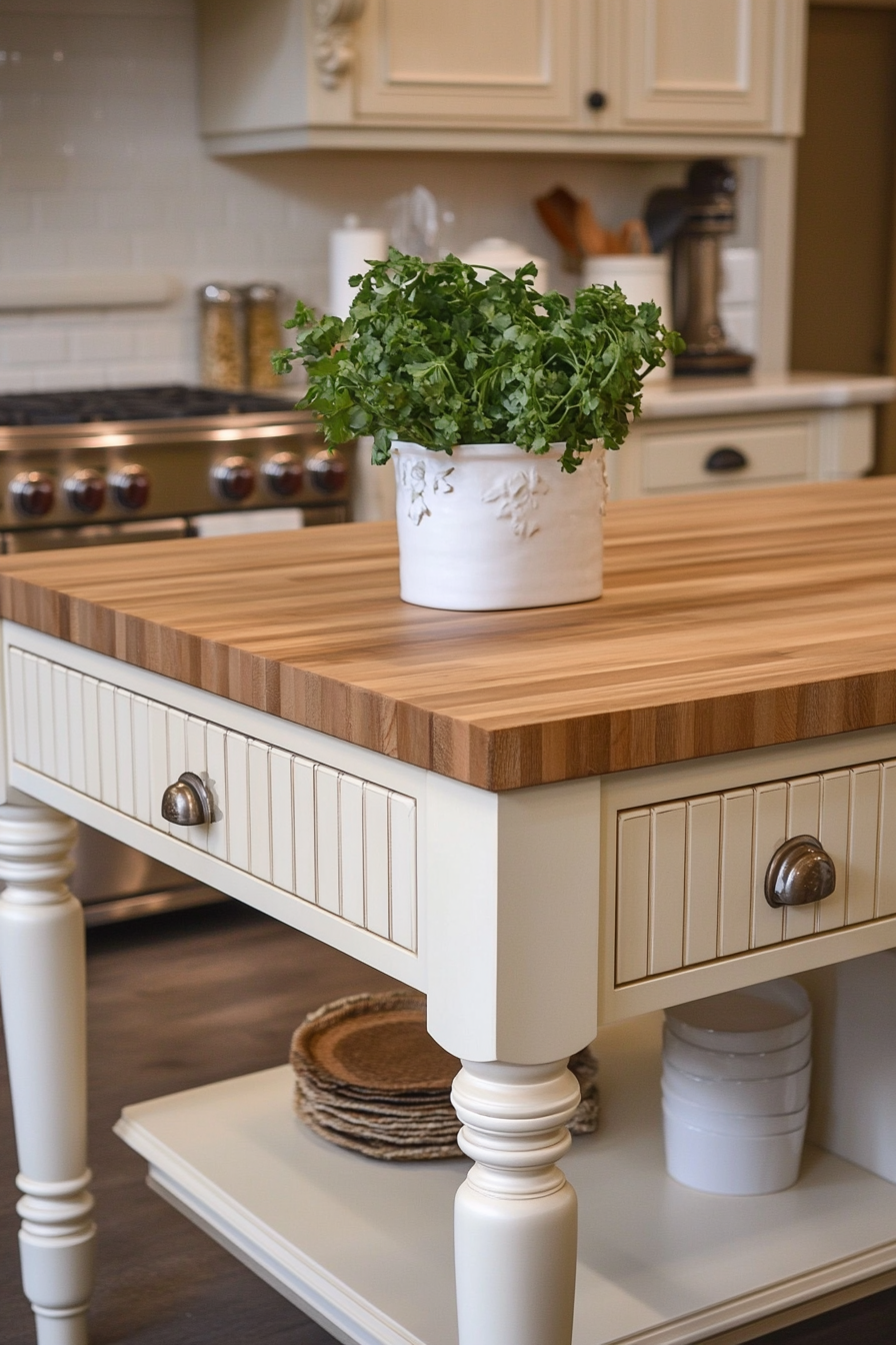 8. Cream Beadboard Island with Butcher Block Top (Farmhouse Kitchen Island Ideas) - Farmhouse Kitchen Island Ideas