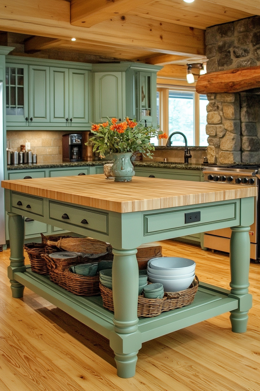9. Sage Green Island with Quartz Countertop (Farmhouse Kitchen Island Ideas) - Farmhouse Kitchen Island Ideas