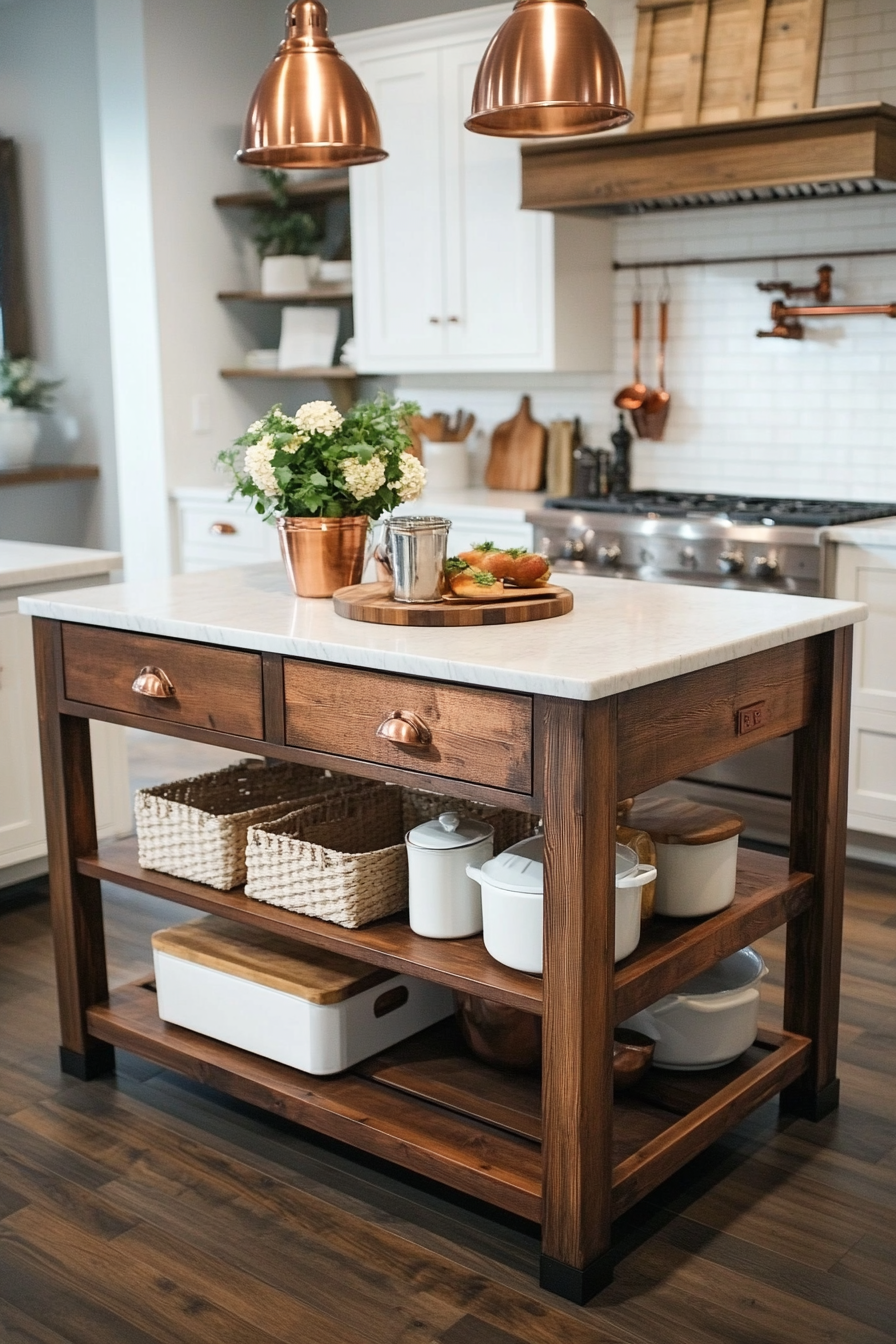10. Walnut-Stained Island with Copper Accents (Farmhouse Kitchen Island Ideas) - Farmhouse Kitchen Island Ideas