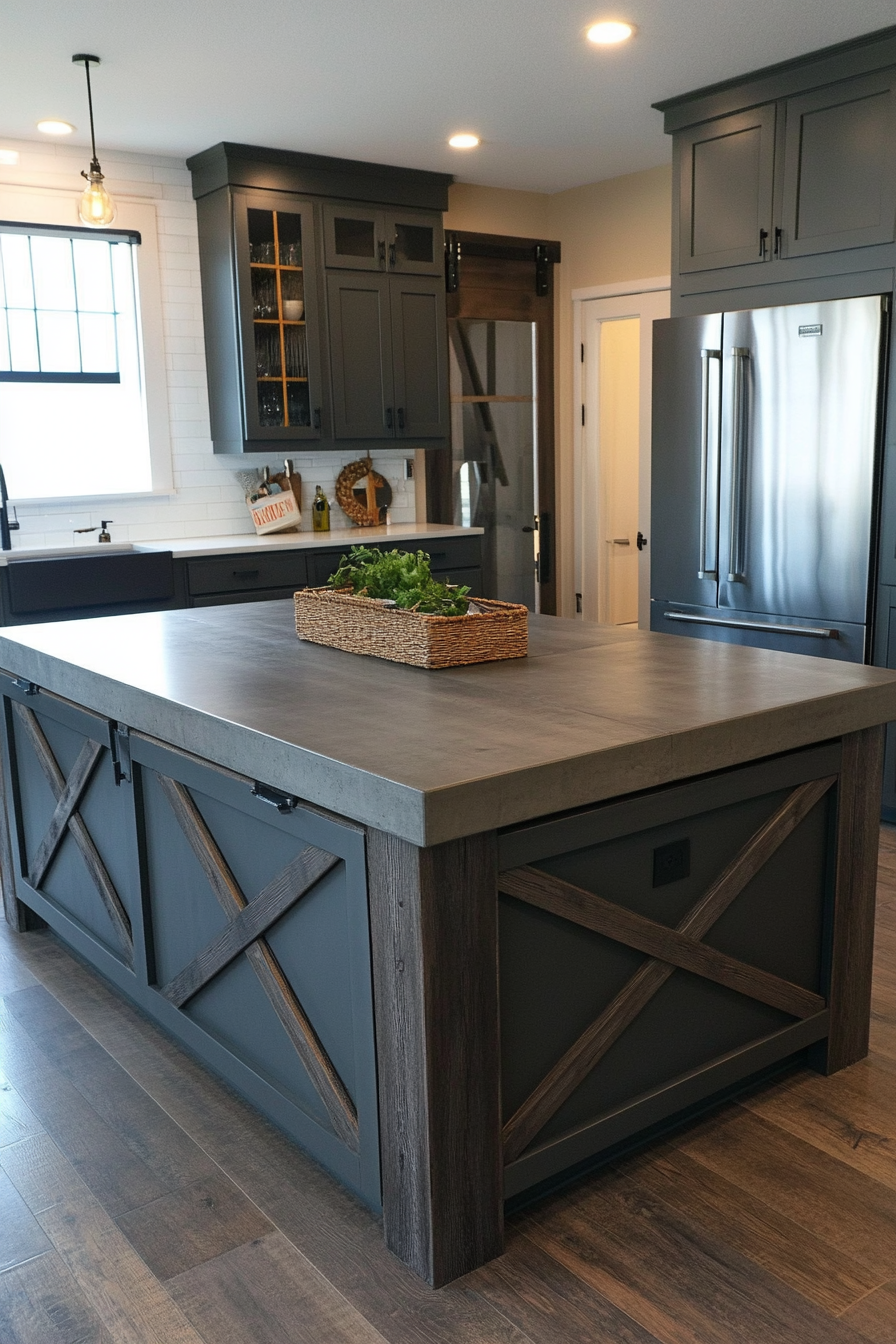 11. Charcoal Gray Island with Concrete Countertop (Farmhouse Kitchen Island Ideas) - Farmhouse Kitchen Island Ideas