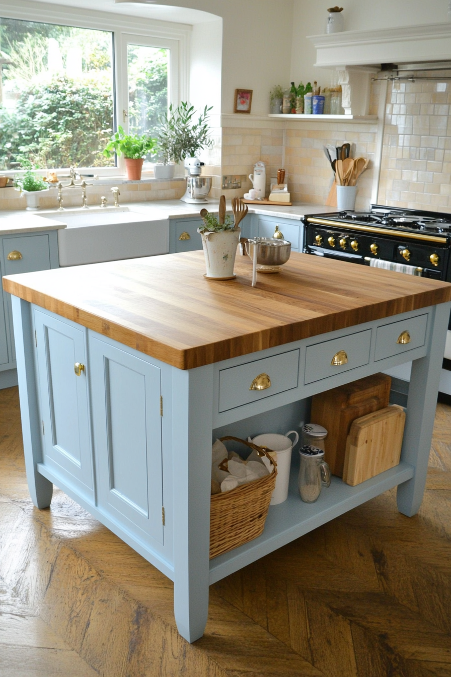 12. Pastel Blue Island with Wooden Countertop (Farmhouse Kitchen Island Ideas) - Farmhouse Kitchen Island Ideas