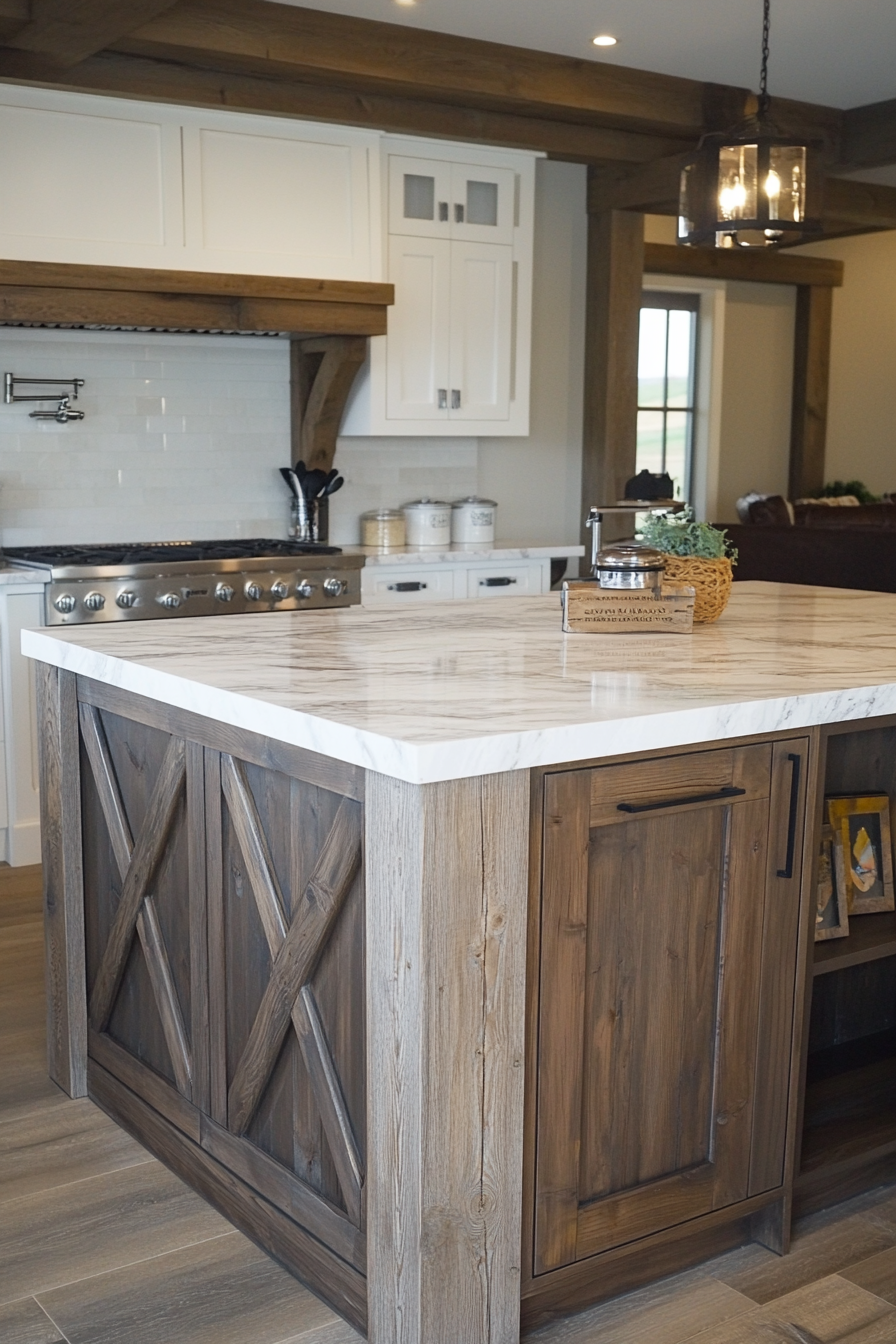 13. Espresso-Finished Island with Marble Top (Farmhouse Kitchen Island Ideas) - Farmhouse Kitchen Island Ideas