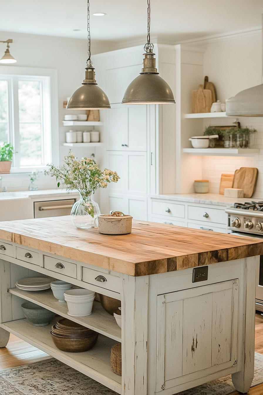 14. Weathered White Island with Butcher Block Countertop (Farmhouse Kitchen Island Ideas) - Farmhouse Kitchen Island Ideas