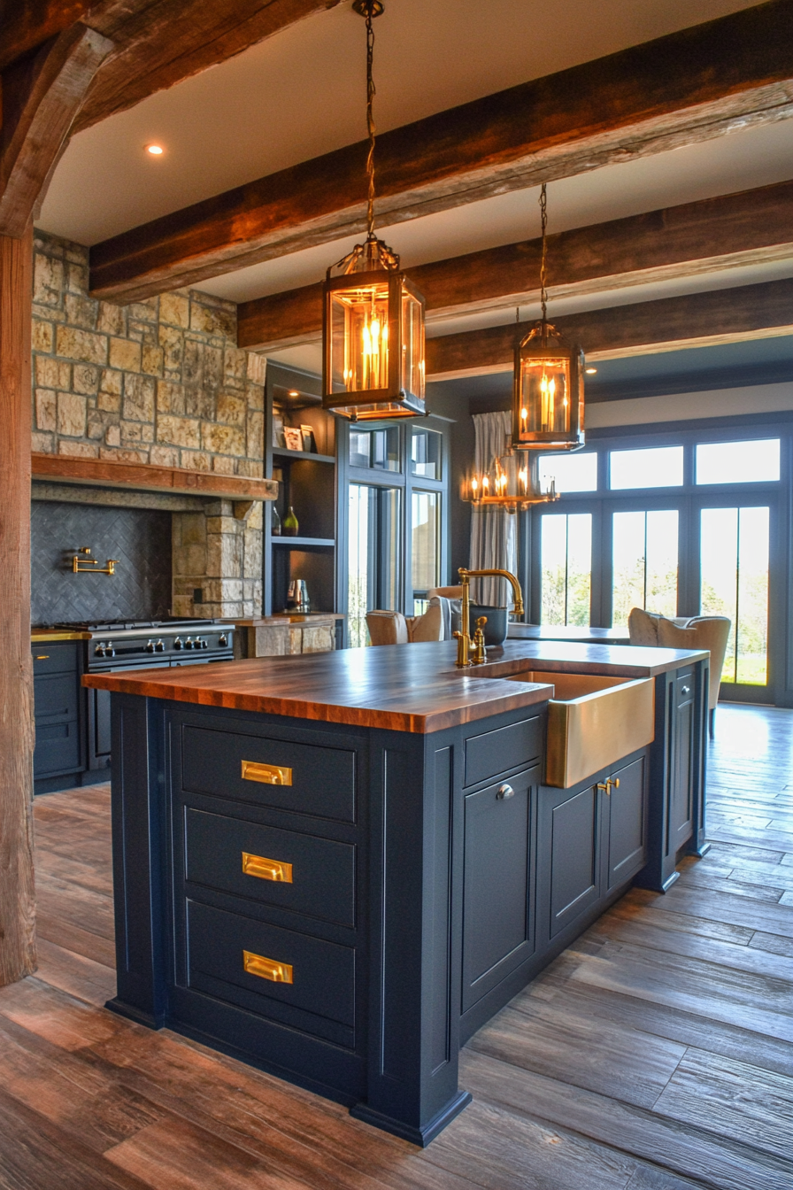 15. Navy Blue Island with Brass Fixtures (Farmhouse Kitchen Island Ideas) - Farmhouse Kitchen Island Ideas